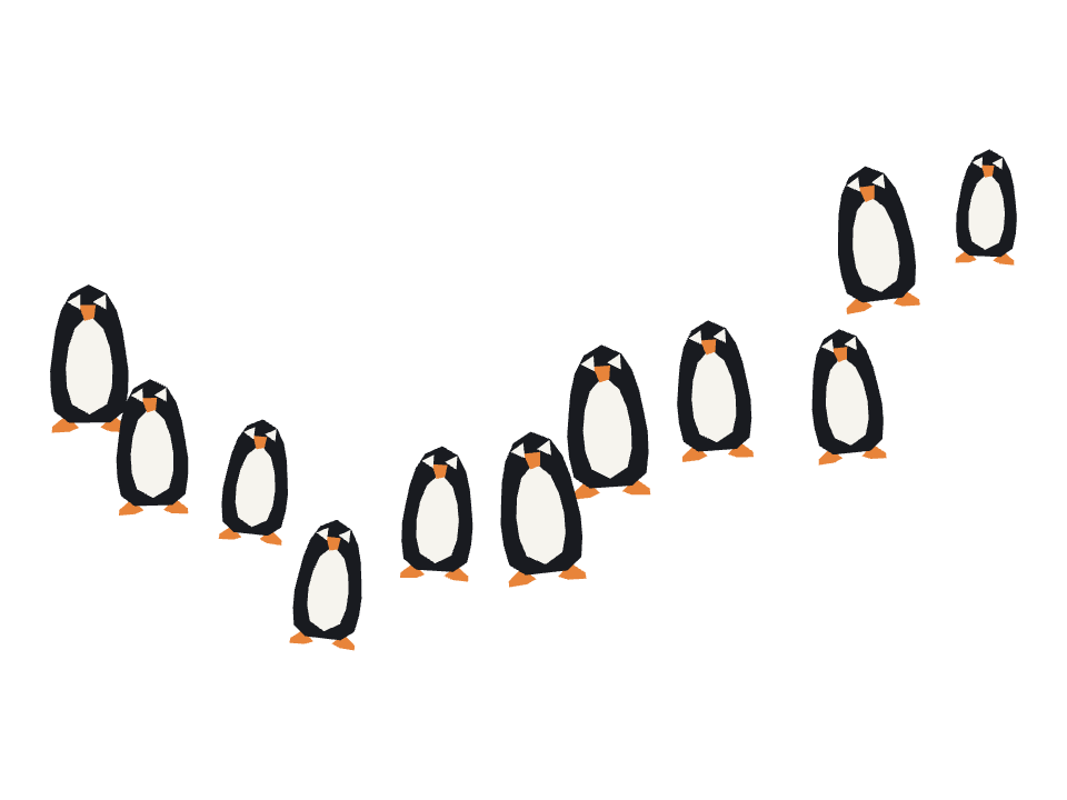 Penguins drawn along a curved stroke