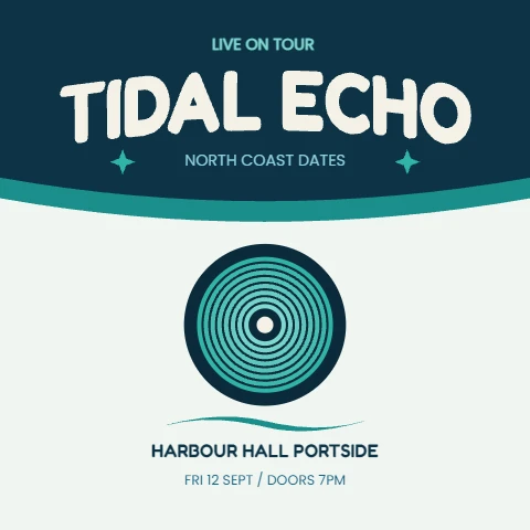 Tidal Echo band tee with an arched title on a curved teal band