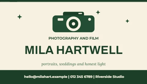 Forest and cream photographer card with a flat camera mark
