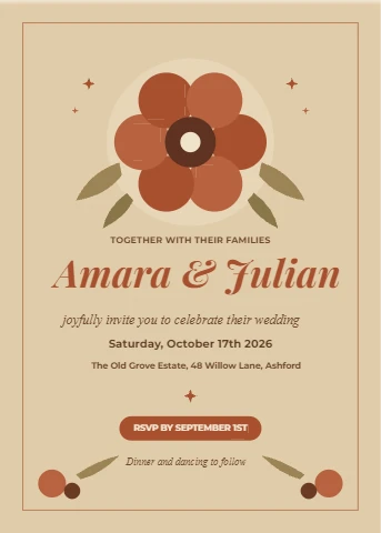 Tan and rust bloom wedding invite