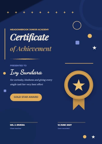 Gold star kids award certificate