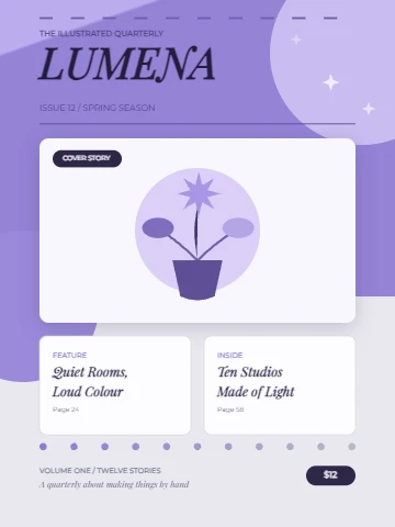 Lavender quarterly cover with stacked story cards