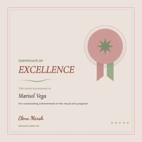 Dusty rose award certificate with a sage seal