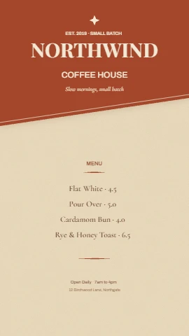 Northwind Coffee House rustic menu