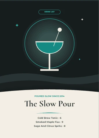 Slow Pour drink menu, charcoal night with a teal coupe