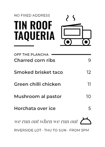 Tin Roof Taqueria Food Truck Menu