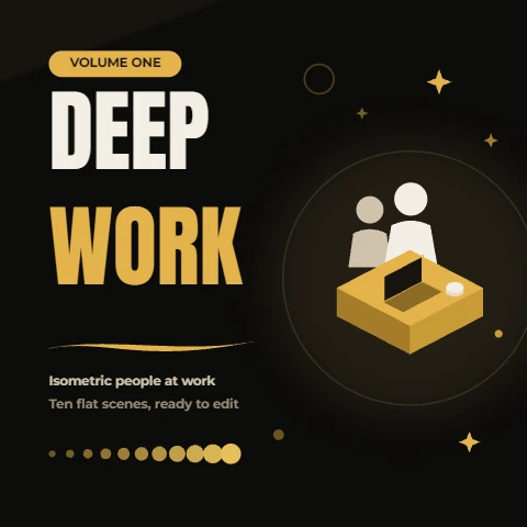 Deep Work, an isometric desk scene in black and gold