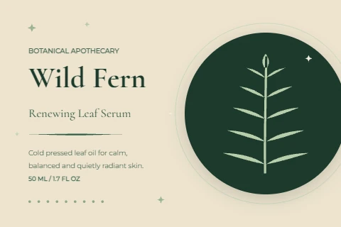 Wild Fern serum label in forest green and cream