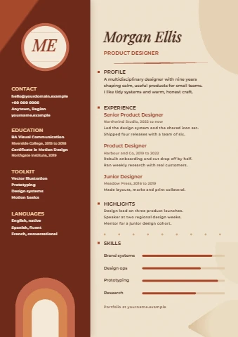 Two column resume in warm tan and rust