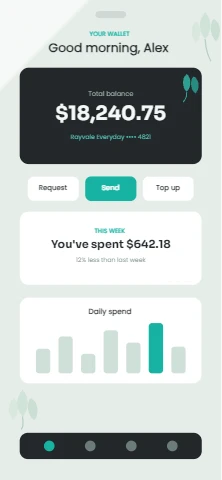 Botanical banking home with balance, quick actions and weekly spend