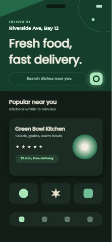 Dark mode food delivery app screen