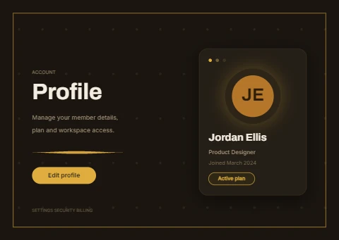 Dark mode profile screen in mustard and brown