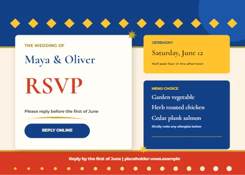 Bright primaries RSVP card with gold folk trim