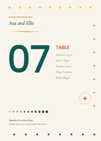 Giant table number seating card in coral, teal and gold