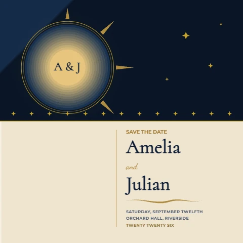 Navy and gold sun medallion save the date