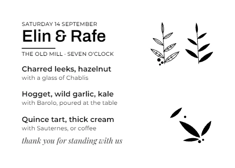 Scandinavian Wedding Breakfast Menu, Ink Botanicals
