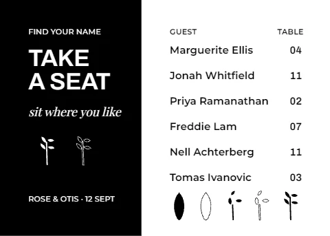 Split Black Seating Chart with Ink Sprigs